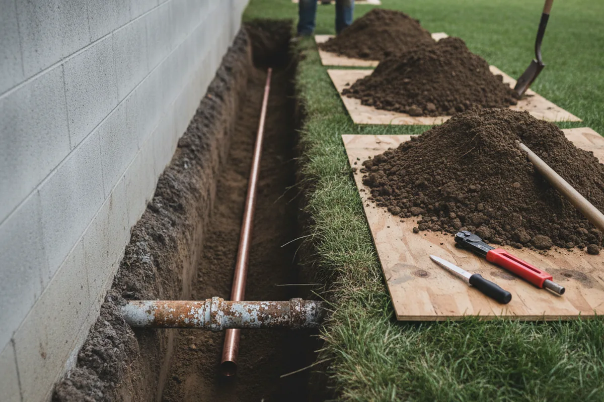Excavated water line trench during Water Heater Repair in Sheffield